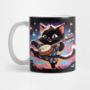 Dancing black cat playing banjo Mug